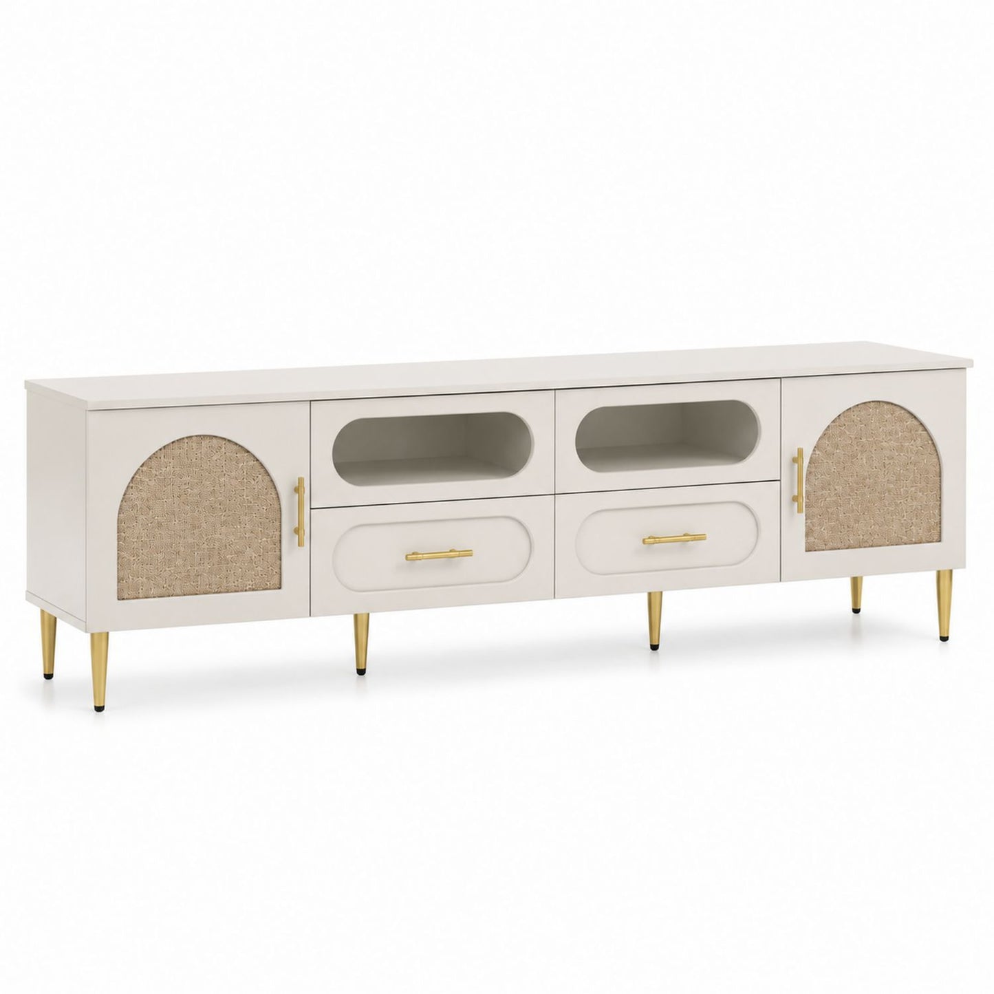 Szafka RTV z MDF i rattanem o złotych nogach 180x40x50cm