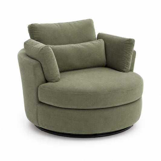 Tapicerowany fotel obrotowy z zielonymi poduszkami, 90 cm