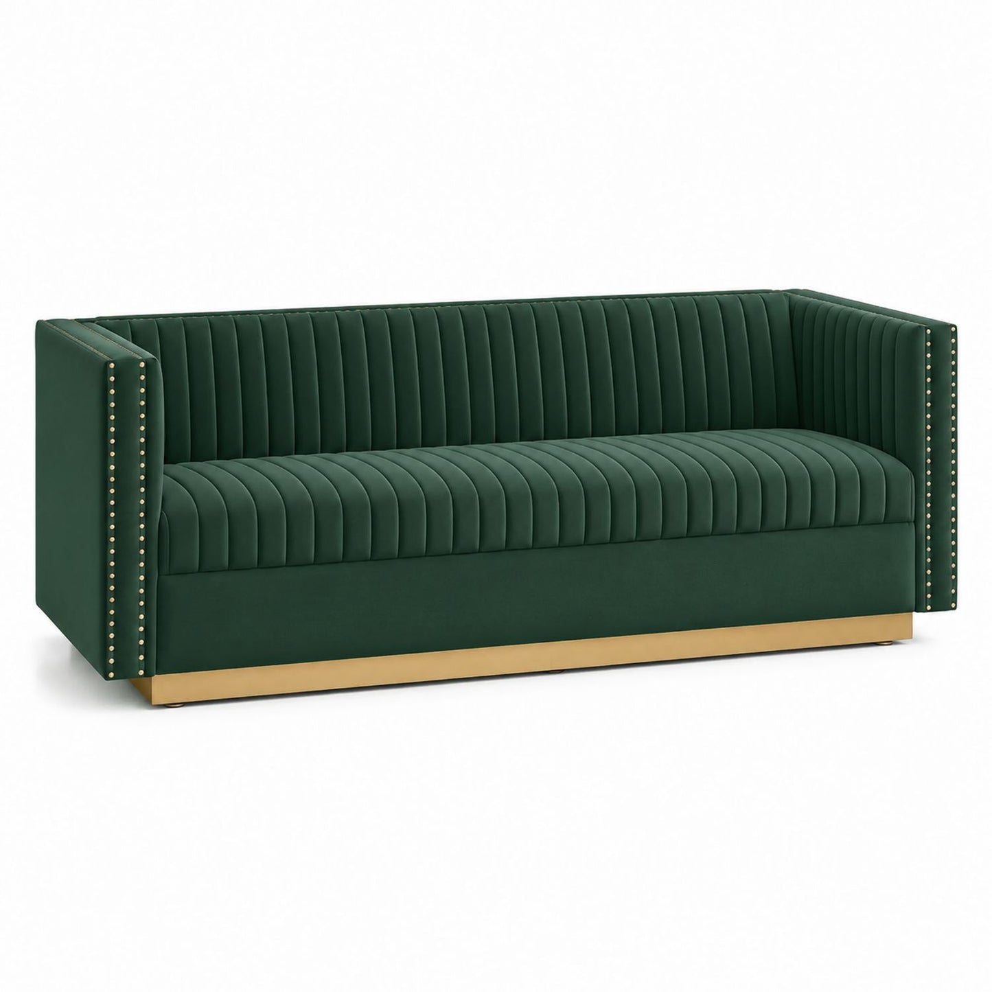 Aksamitna sofa zielona z podłokietnikami i metalową podstawą