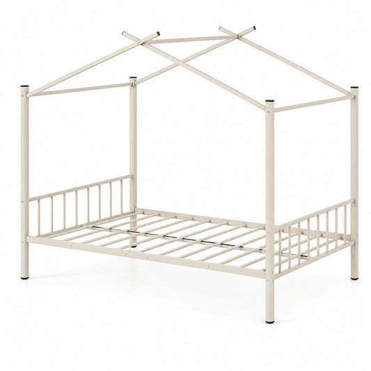 Metalowe łóżko domek dziecięce 90x200 cm Kremowe
