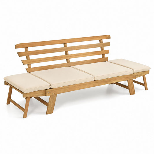 Sofa drewniana z drewna akacjowego z poduszkami beżowa