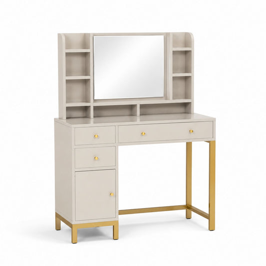 Toaletka z półkami i lustrem MDF Kremowy Złote Nogi 120x45x140 cm